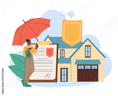 Woman with home insurance. Young girl near document and house. Private property and real estate. Safety and security. Compensation in accident and disaster. Flat vector illustration