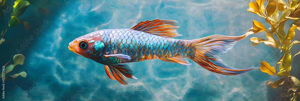 Naklejka premium Serenade in Water: The Elegant Dance and Vivid Beauty of a Resplendent Killifish in Its Natural Habitat