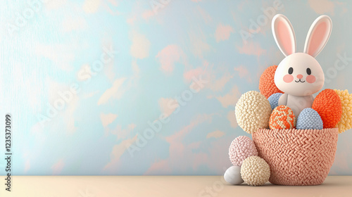 A cute bunny surrounded by pastel Easter eggs in a woven basket.