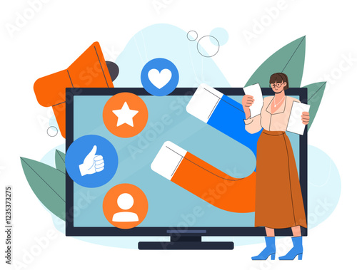 Increase social media audience. Woman near computer with magnet. Advertising and marketing, promotion on social networks. Marketer and SMM specialist. Flat vector illustration