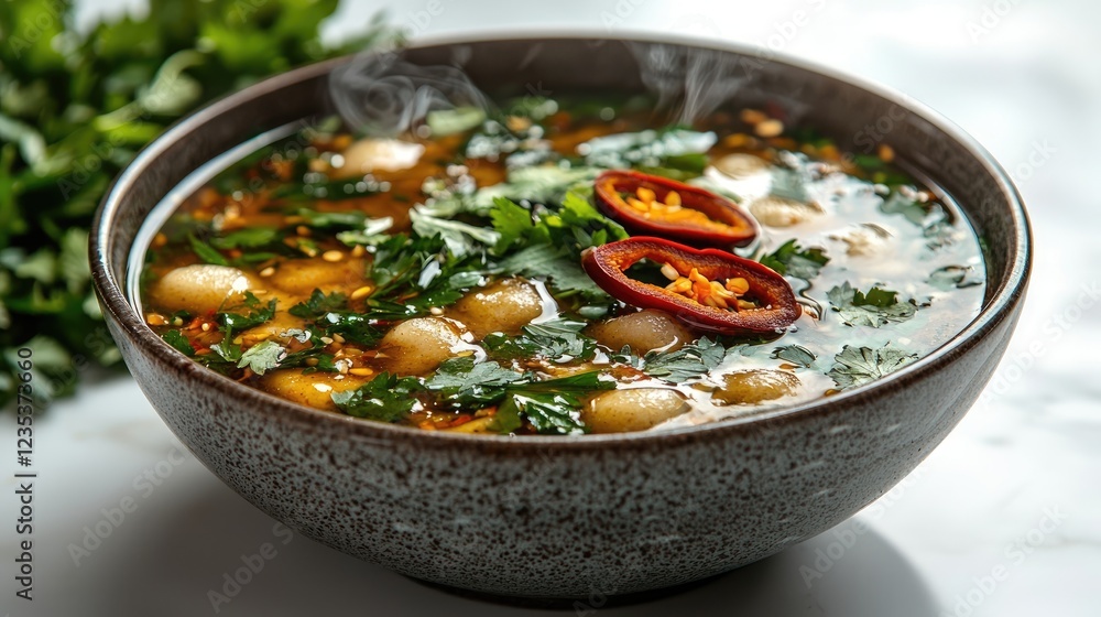 A steaming bowl of spicy soup garnished with fresh herbs and chilies on a marble surface A steaming bowl of spicy soup garnished with fresh herbs and chilies on a marble surface