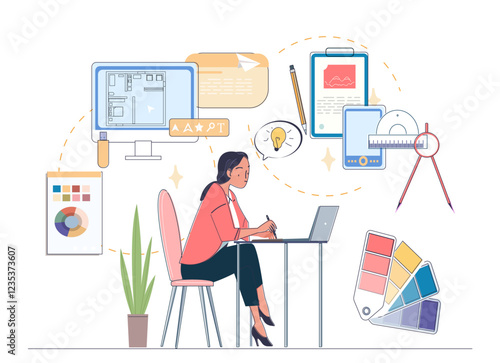 Interior designer concept. Woman with laptop choose colors for room and apartment. Architecture and engineering, construction. Template and layout. Linear vector illustration