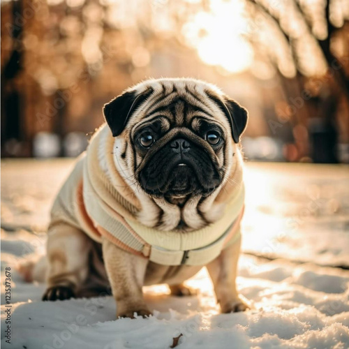 Cute pug dog in warm clothes on the snow in the park