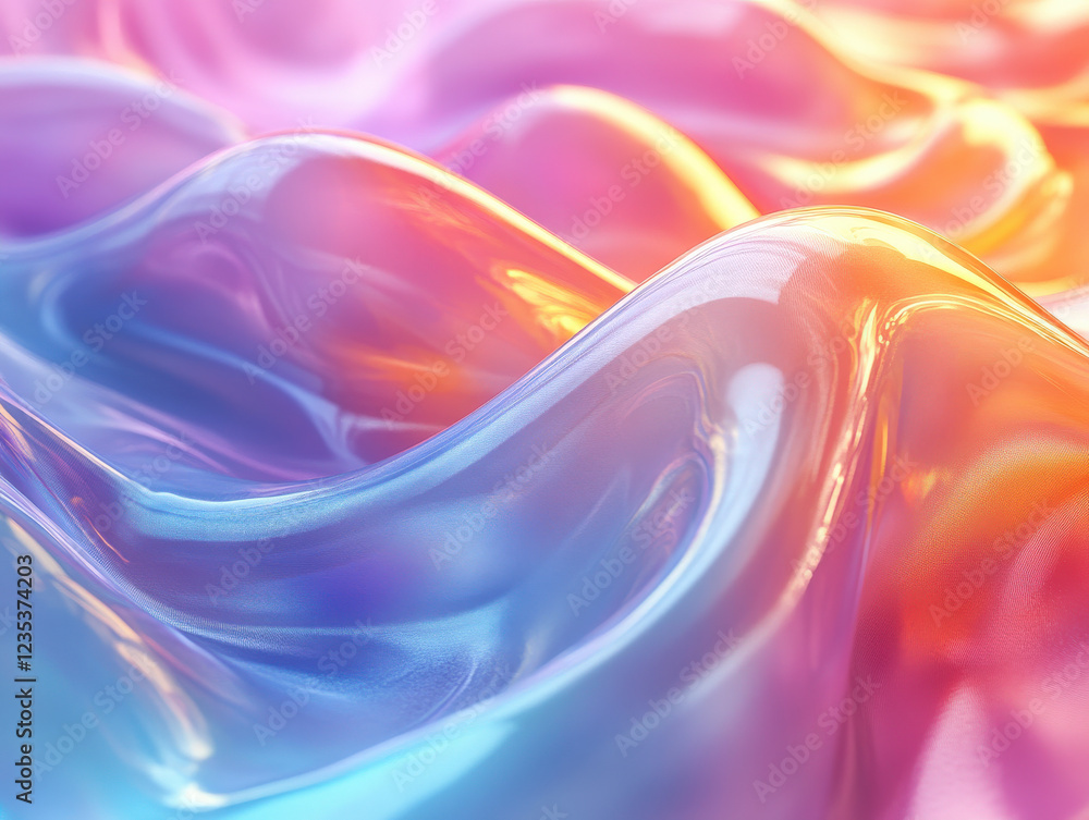 Obraz premium Dreamy Pastel Waves: Abstract close-up of iridescent, flowing waves in pastel shades of pink, blue, and orange. The image evokes a sense of serenity and ethereal beauty. 
