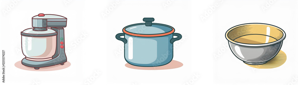 A stand mixer, saucepan, and mixing bowl; kitchenware for baking and cooking. A stand mixer, saucepan, and mixing bowl; kitchenware for baking and cooking.