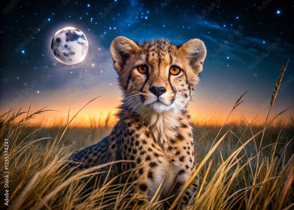 Obraz premium Young Cheetah at Night in Etosha National Park, Namibia - Wildlife Photography