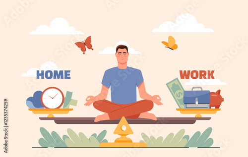 Life and work balance man. Young guy sits in lotus position on scales with home and work inscription. Time management and prioritization, responsibility. Flat vector illustration