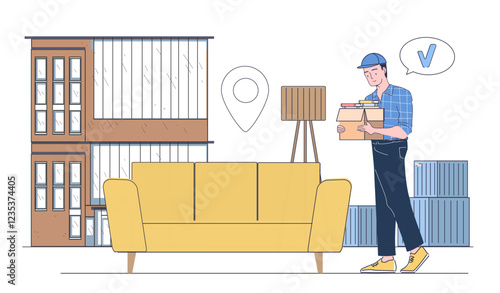 Loader in apartment. Man in uniform with cardboard boxes and sofa. Moving on and relocation. Courier services. Shipping and transportation, delivery. Linear vector illustration