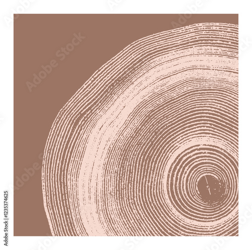 Pink brown tan stamp impression of end grain of wood slab. Tree rings ripples art with texture and cracked surface.