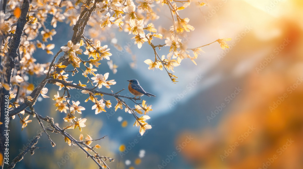 Bird perched among blooming cherry blossoms on a bright spring day Bird perched among blooming cherry blossoms on a bright spring day