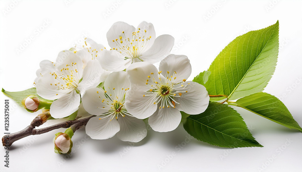 Fototapeta premium fresh flora and leaves of prunus tree isolated on white or obvious background spring flowering