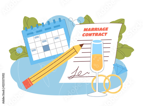 Marriage contract concept. Glass with champagne and golden rings with diamond. Wedding document. Certificate for husband and wife. Legal defending. Flat vector illustration