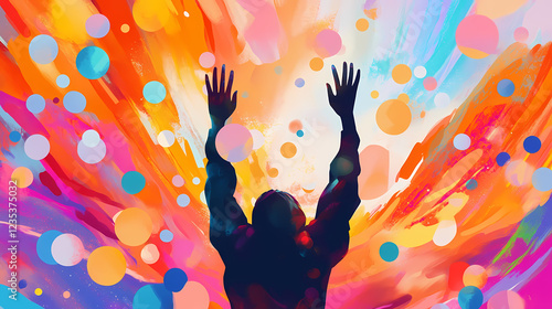 A person holding their hands up in the air, surrounded by a colorful. Cosmic Serenity. Illustration photo