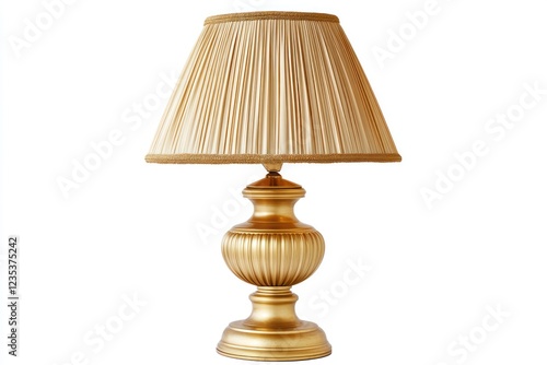 Gold table lamp, pleated shade, interior design, home decor, white background photo