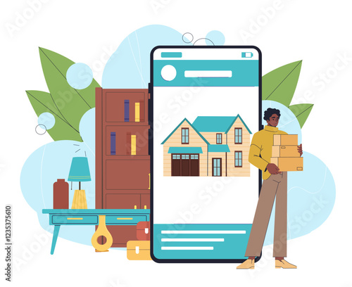 Music class online. Young guy with boxes near smartphone with home. Relocation and immigration. Courier services and delivery, transportation. Dwelling and residence. Flat vector illustration