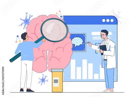 Neurologist doctor concept. Men in medical uniform with magnifying glass near brain. Scientific research in laboratory. Healthcare and medicine. Neurology and anatomy. Linear vector illustration