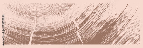 Pink brown tan stamp impression of end grain of wood slab. Tree rings ripples art with texture and cracked surface.