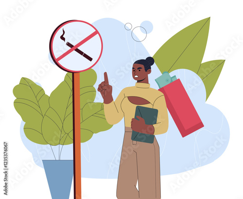 Woman with no smoking sign. Young girl near lighter and sign with crossed out cigarettes. Fight against bad habits and unhealthy lifestyle. Stop tobacco products. Flat vector illustration
