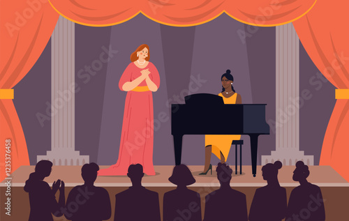 Show in opera. Woman in red dress sings on stage, girl in yellow dress plays piano. Pianist and singer performing. Concert and performance. Hobby and leisure. Flat vector illustration