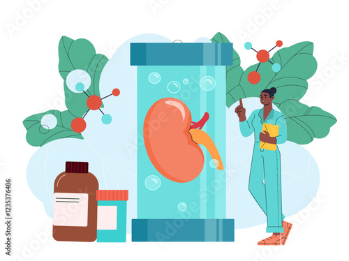 Organ donation concept. Woman in medical uniform near flask with kidneys. Healthcare and medicine. Generosity and kindness, charity. Organ transplantation. Flat vector illustration