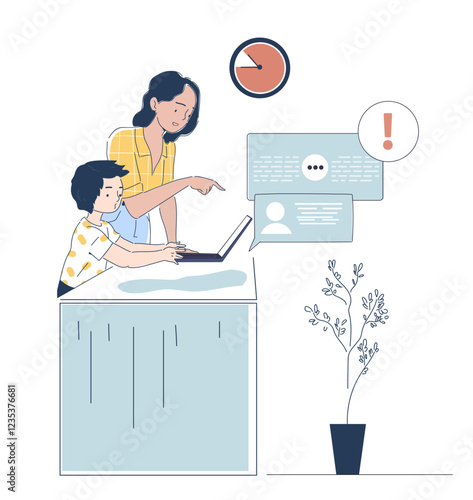 Parental control concept. Woman and boy with laptop. Internet access ban for kids. Online safety and protection. Prohibited content on internet. Linear vector illustration