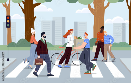 Pedestrian crossing road. Men and women cross street. Citizen with walks, young girl on bicycle. Urban infrastructure and architecture. Traffic light. Flat vector illustration