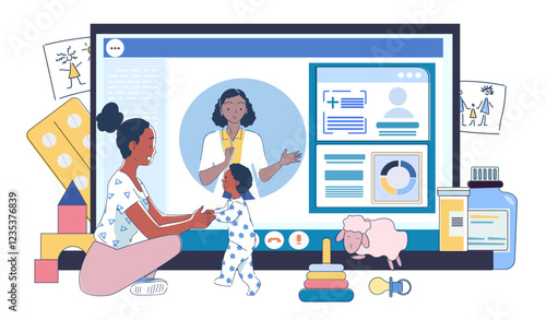 Pediatrician online concept. Mother and daughter communicate with doctor via video call. Healthcare and medicine. Diagnosis and treatment on internet. Linear vector illustration