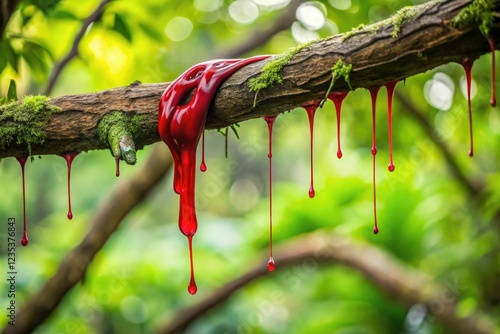 Crimson liquid drips from a twisted, ancient tree branch, surrounded by lush green foliage, crimson, eerie atmosphere photo