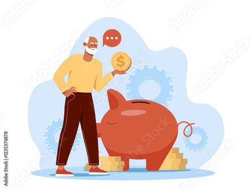 Pensioner with piggy bank. Elderly man with gold coins near piggy bank. Financial literacy and passive income. Savings and pension. Senior with money. Flat vector illustration