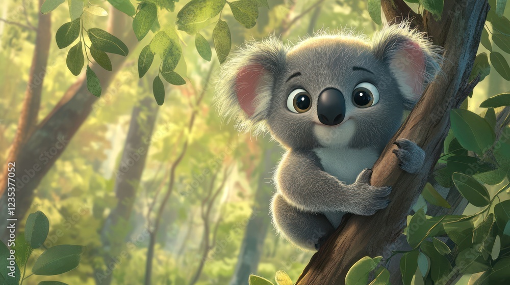 Fototapeta premium Koala cub clinging to tree, sunlight dappled forest, children's book illustration