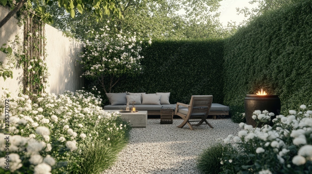 Serene White Garden Oasis: Tranquil Backyard Retreat with Lush Greenery and Cozy Seating Serene White Garden Oasis: Tranquil Backyard Retreat with Lush Greenery and Cozy Seating