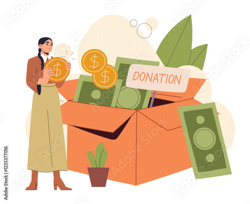 Woman make donation. Young girl near cardboard box with money. Charity, generosity and kindness. Volunteer of charitable foundation. Coins and banknotes. Flat vector illustration