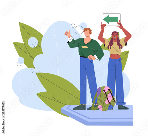 People hitchhike concept. Man and woman with signboard. Travelers and tourists. Travel, trip and journey. Couple at road waiting for car. Transport stop. Flat vector illustration