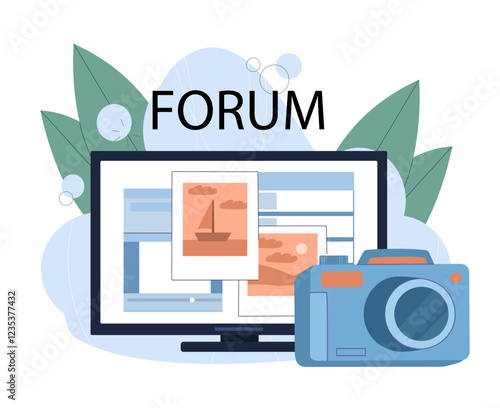 Photo forum online. Camera with pictures and images. Photographic equipment. Communication and interaction on internet. Memory and nostalgia. Flat vector illustration