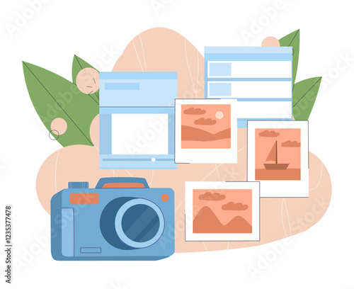 Photo processing concept. Camera with pictures and images. Photographic equipment. Digital workshop for photography editing. Memory and nostalgia. Flat vector illustration