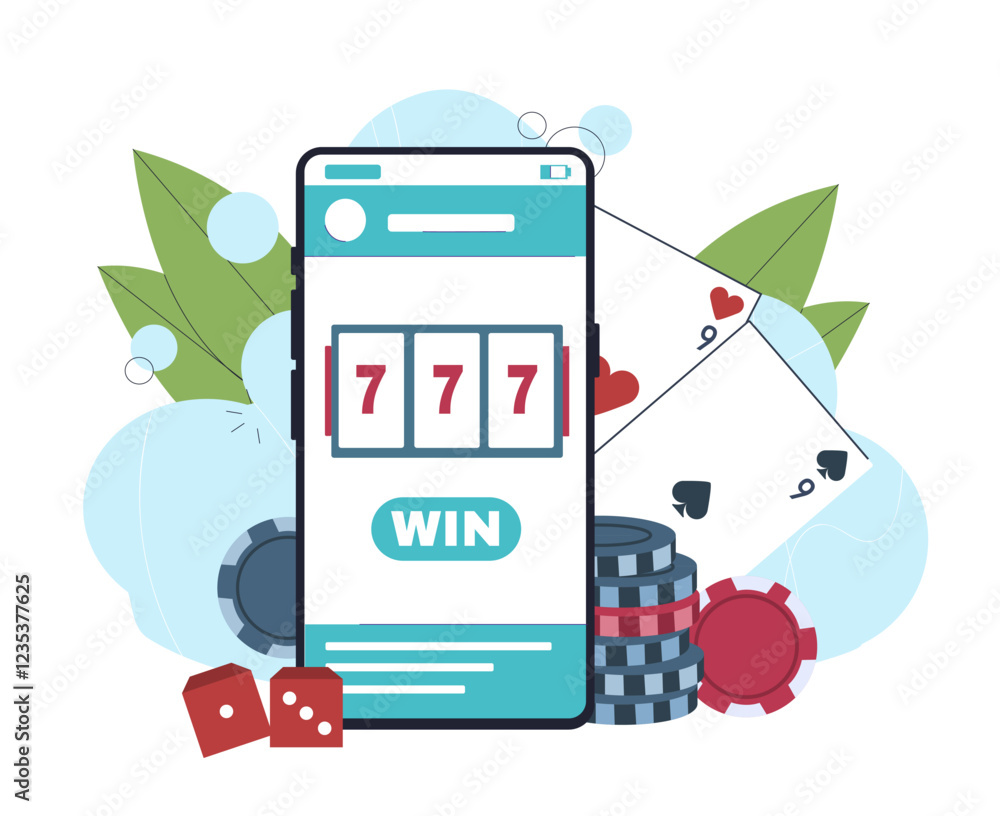 Fototapeta premium Play slots online. Smartphone near poker cards and chips, dices. Gambling and casino. Slot machine at mobile phone. Games for luck and fortune. Flat vector illustration