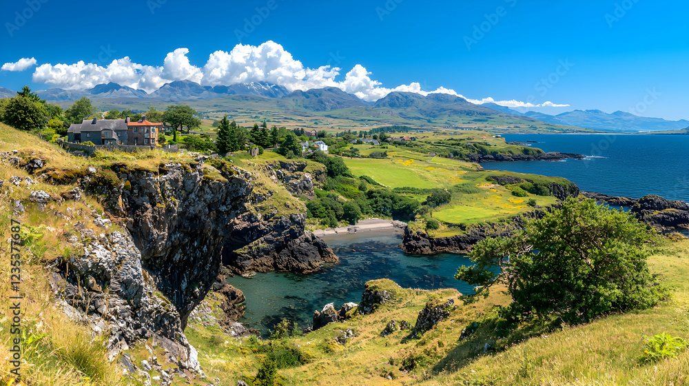 Coastal Scottish village panorama, secluded cove, sunny day, travel poster Coastal Scottish village panorama, secluded cove, sunny day, travel poster