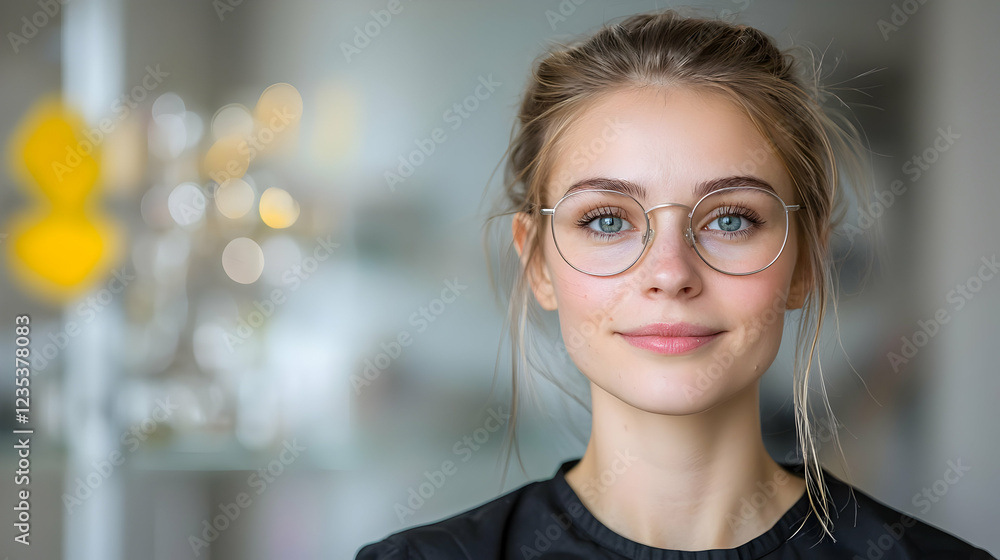 Woman eyeglasses portrait, smiling, indoor office Woman eyeglasses portrait, smiling, indoor office