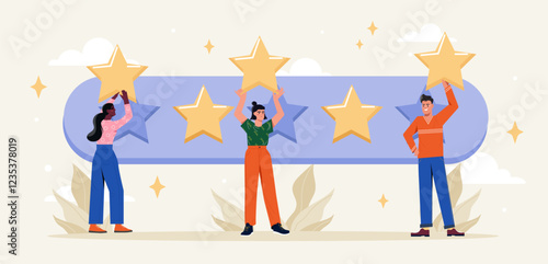 People rates concept. Man and woman give it five stars. Customer reviews and user opinions on Internet. Ranking and rating online. Digital marketing. Flat vector illustration