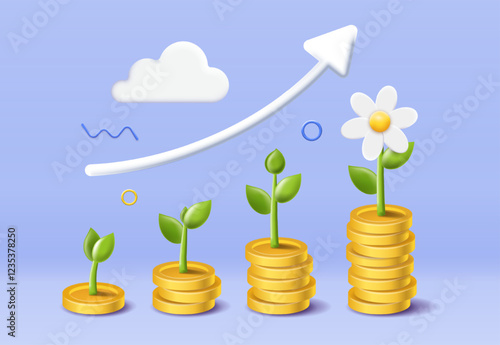 3D money growth. Stack of coins with sprouts and flower. Financial literacy and passive income. Economics and investing, trading. Profit increase. Isometric vector illustration