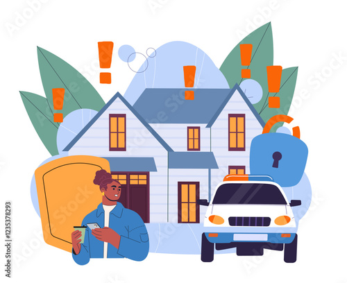 Robbers in house. Woman call to police. Home security and security system, alarm. Police car near private property. Burglars and robbers attack. Flat vector illustration