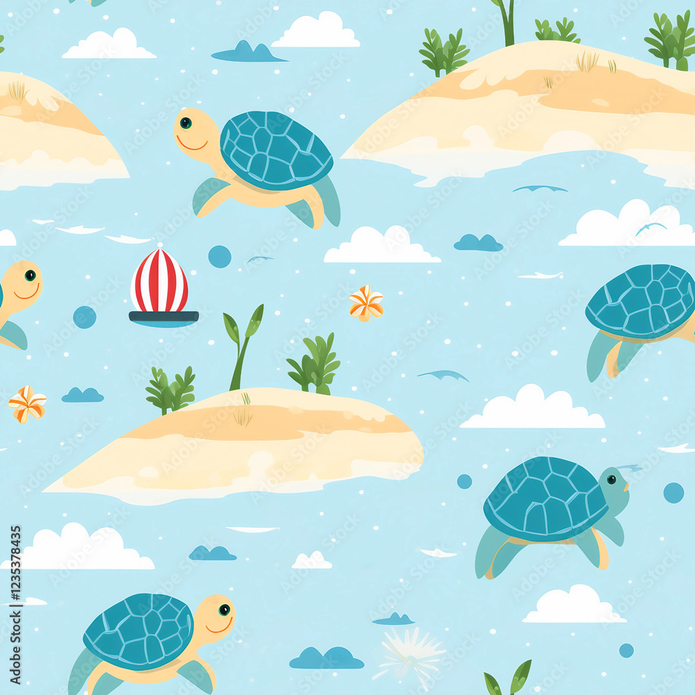 Naklejka premium A blue and white turtle pattern with a boat and a few other turtles