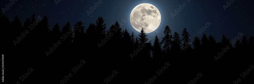 Dark forest trees stand against a moonlit sky with stars above, peaceful, outdoors, moon