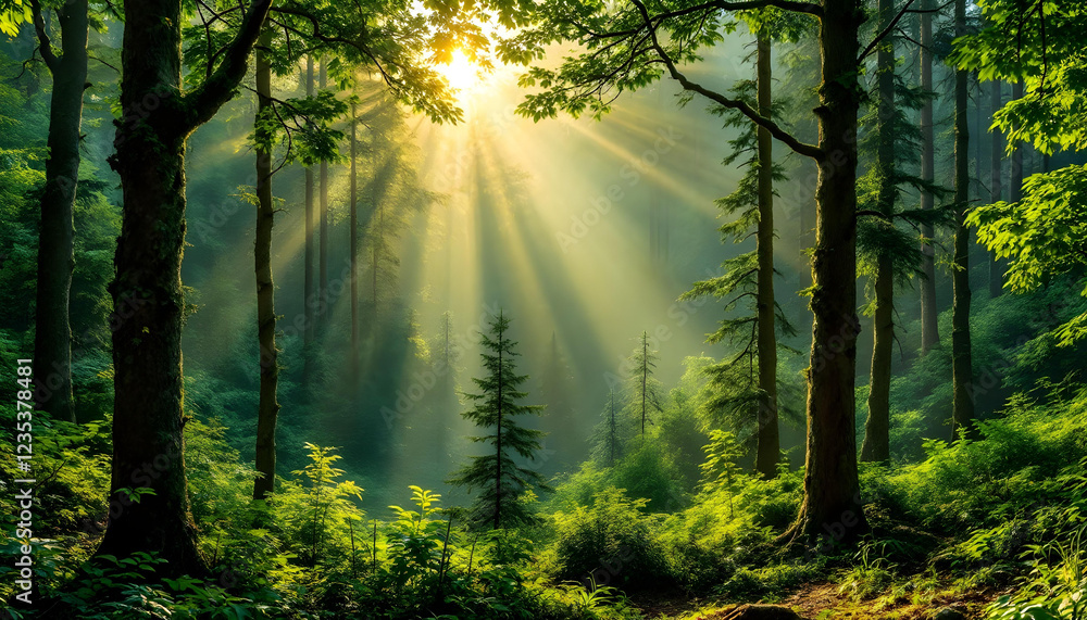 Obraz premium A breathtaking panoramic view of a lush green forest with tall trees and vibrant foliage. The morning sun shines through the dense canopy, casting long golden rays of light onto the forest floor. The 