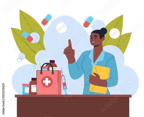 Sale in pharmacy. Woman in medical uniform with bag of pharmaceutical products, pills and drugs. Pharmacist selling pills. Retail occupation. Healthcare and medicine. Flat vector illustration