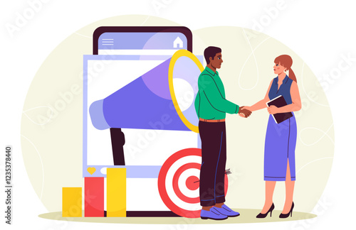 Business agreement concept. Man and woman shake hands near loudspeaker. Marketing and promotion in social networks and messengers. Commerce and marketing. Flat vector illustration