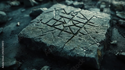 A Carved Stone Slab with Geometric Patterns and Water Droplets