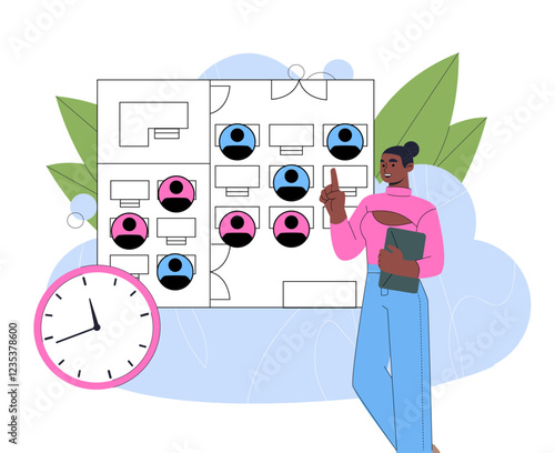 School location plan. Woman with scheme of sitting for schoolboys and schoolgirls. Education and learning. Organization of effective educational process. Flat vector illustration