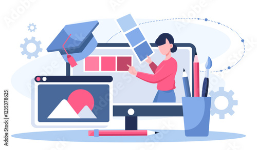 Art school online. Woman chooses colors. Remote education and training for graphic designers and digital artists. Learning on internet. Web courses and lectures. Flat vector illustration