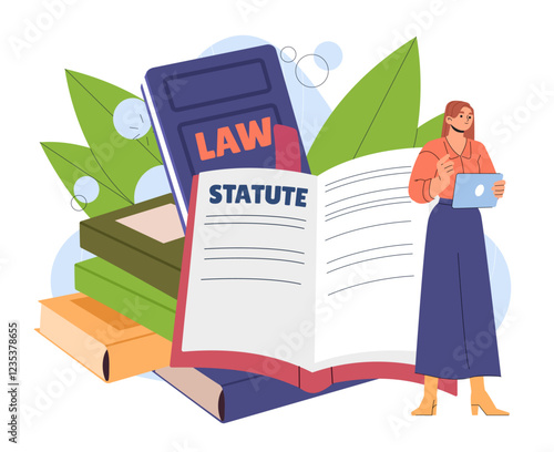 School rules concept. Woman near book of laws and statute. Organization of effective educational process. Legal regulation of studies, jurisprudence. Flat vector illustration